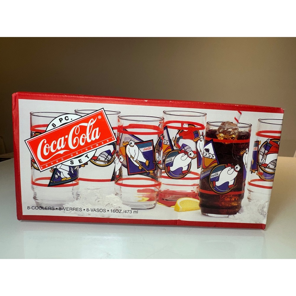 Vintage 1995 Coca-Cola Polar Bear Glass Set 8pc 16oz Indiana Glass Winter Sports - Picture 2 of 11